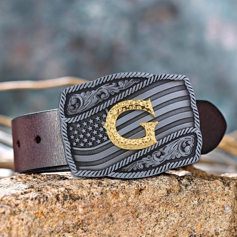 Fibbadet Store Western Cowboy Initial Letters A-Z American Flag Belt Buckle for Men Fathers Day Boyfriend Husband - Image 2